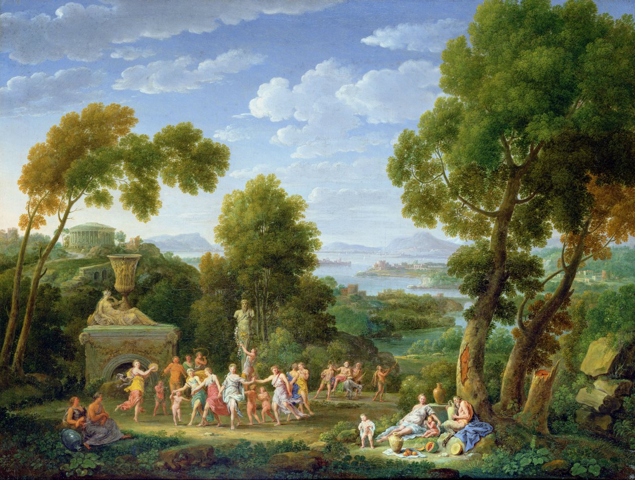 Zalesněná italská krajina s tančícími nymfami, 1728 od Hendrik van Lint