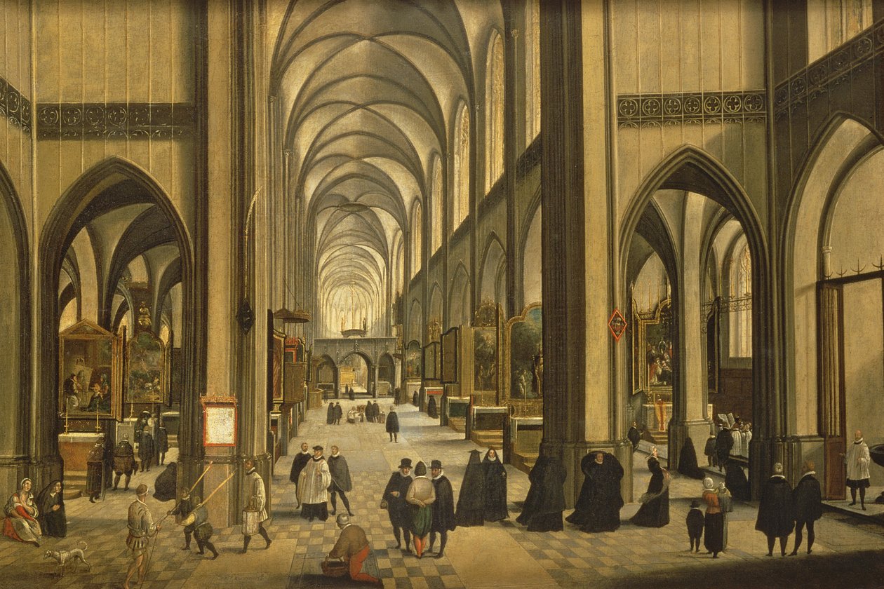 Interiér antverpské katedrály se sedmi svátostmi, 1590 od Hendrik van Steenwyck