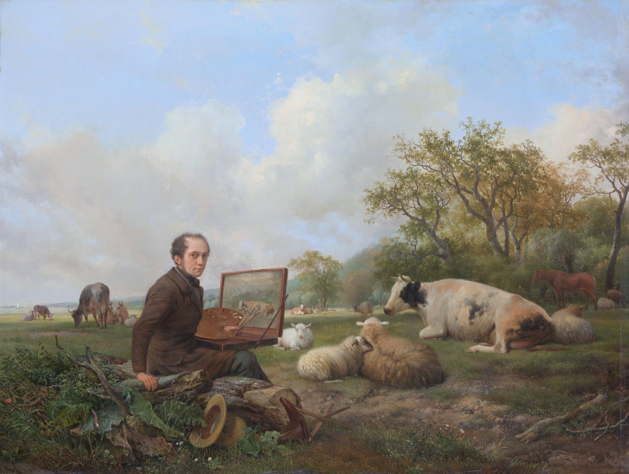 Sám malíř malující v loukové krajině s dobytkem od Hendrick van de Sande Bakhuyzen