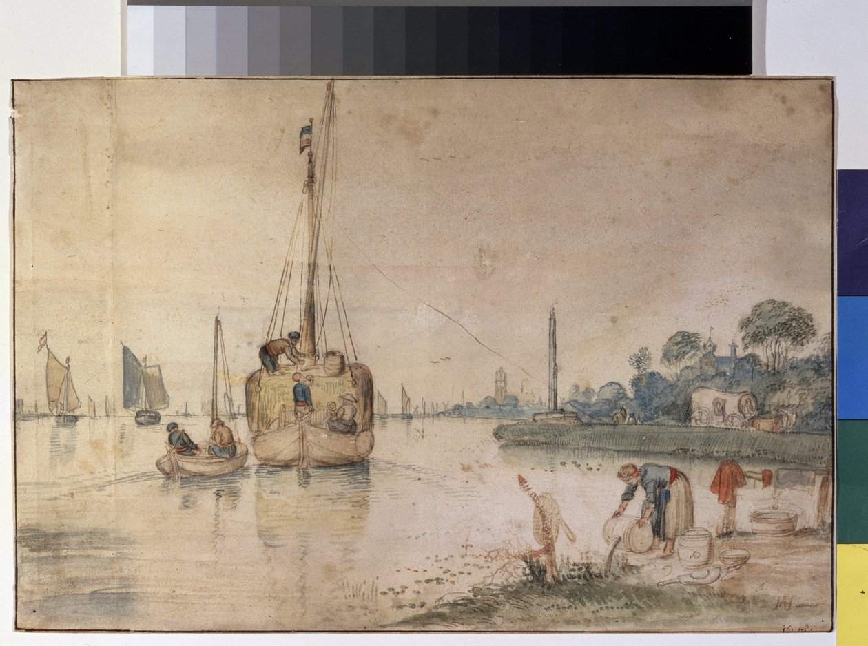 "Bárka převážející seno" (Bárka se senem) Kresba tuší a akvarelem od Hendricka Avercampa (1585-1634) 1625-1630 Puškinovo muzeum výtvarných umění, Moskva od Hendrik Avercamp
