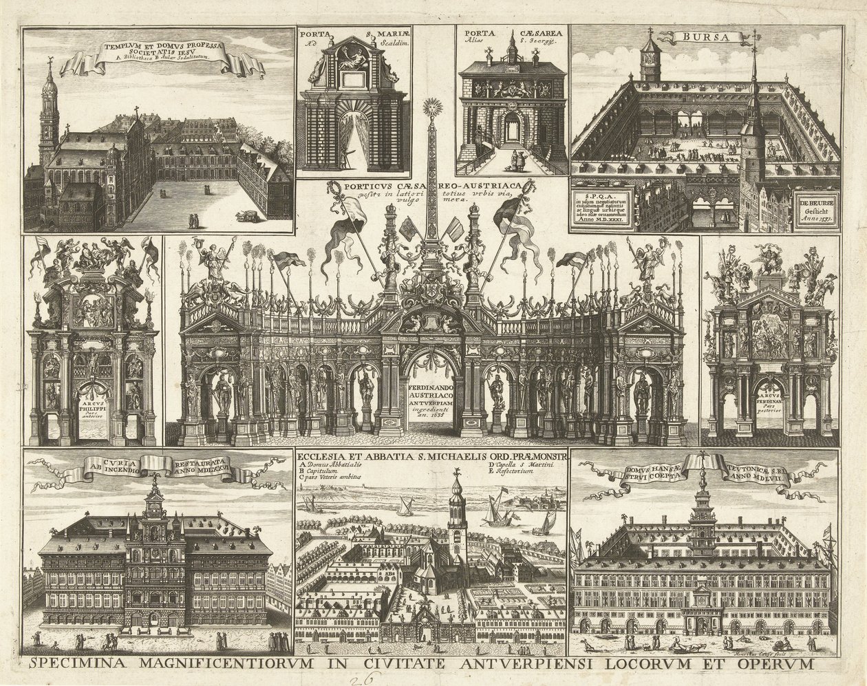 Blad se setkal s tien voorsetningen van de intocht van de Kardinaal Infant Ferdinand te Antwerpen, 1635 Ukázky nejhonosnějších míst a děl ve městě Antverpy (název na objektu) od Hendrik Causé