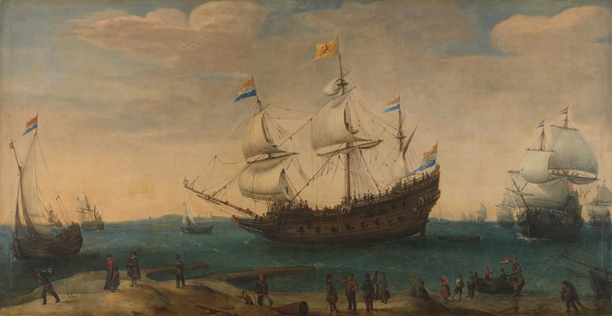 Řada Východoindiánů u pobřeží (Mauricius a další Východní Indiáni vyplouvající z Marsdiepu) od Hendrick Cornelisz. Vroom