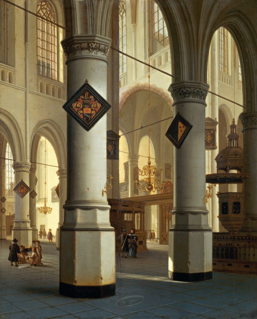 Pohled na Die Oudekerk (starý kostel) v Delftu (malba od Hendrik Cornelisz. van Vliet