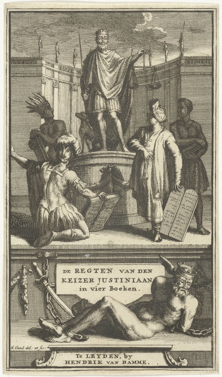 Titulní strana Práva císaře Justiniána, Leiden, 1705 PRAVIDLA CÍSAŘE JUSTINIÁNA ve čtyřech knihách (název na předmětu) od Hendrik Elandt