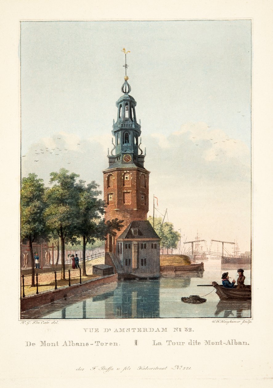 Pohled na Amsterdam č.32. Z Mont Albans-Toren. Takzvaná Mont-Alban Tower, 1825 (ručně kolorovaná rytina) od Hendrik Gerrit ten Cate