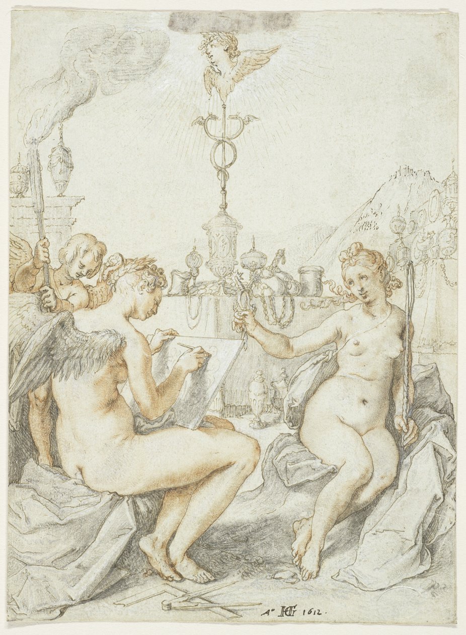 Alegorie na umění kresby se znakem umělce, 1612 (tuš, křída a kvaš na papíře) od Hendrik Goltzius