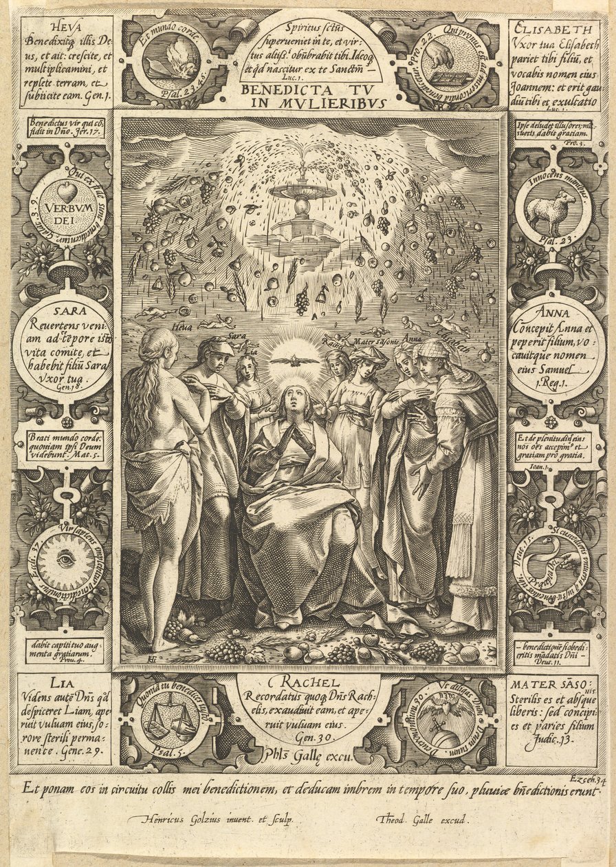 Požehnaná jsi mezi ženami, z křesťanských a profánních alegorií. od Hendrik Goltzius