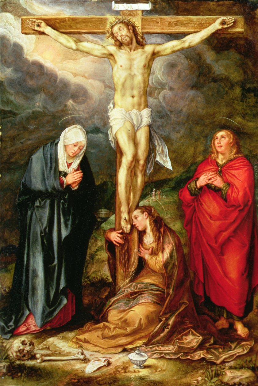 Kristus na kříži, s Marií, svatým Janem a Magdalenou, kolem 1600 (olej na mědi) od Hendrik Goltzius