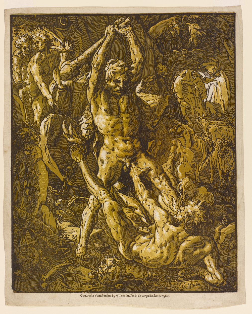 Hercules a Cacus, 1588 (šerosvitový dřevoryt na položeném papíře) od Hendrik Goltzius
