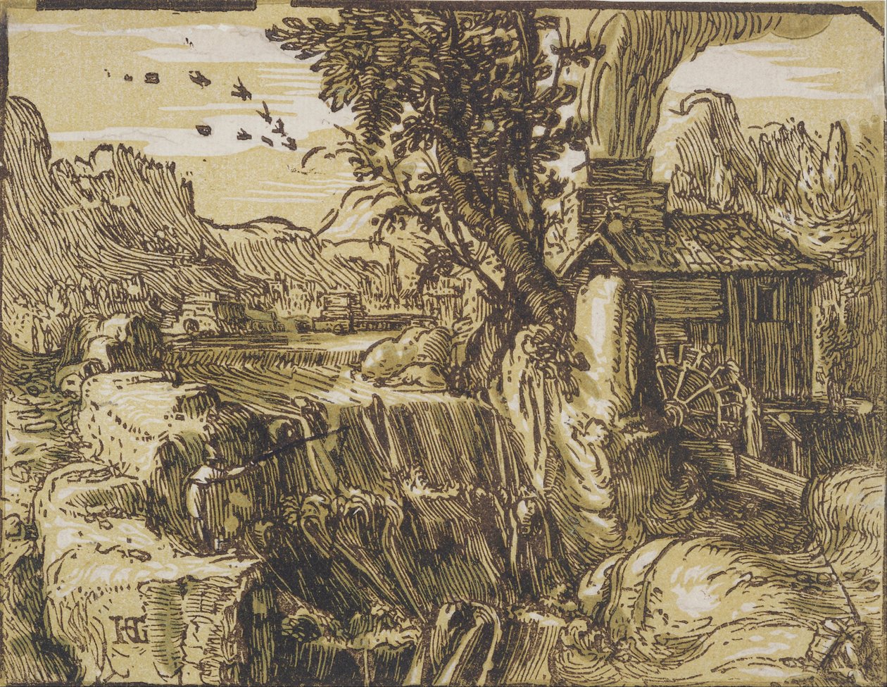 Krajina s vodopádem od Hendrik Goltzius