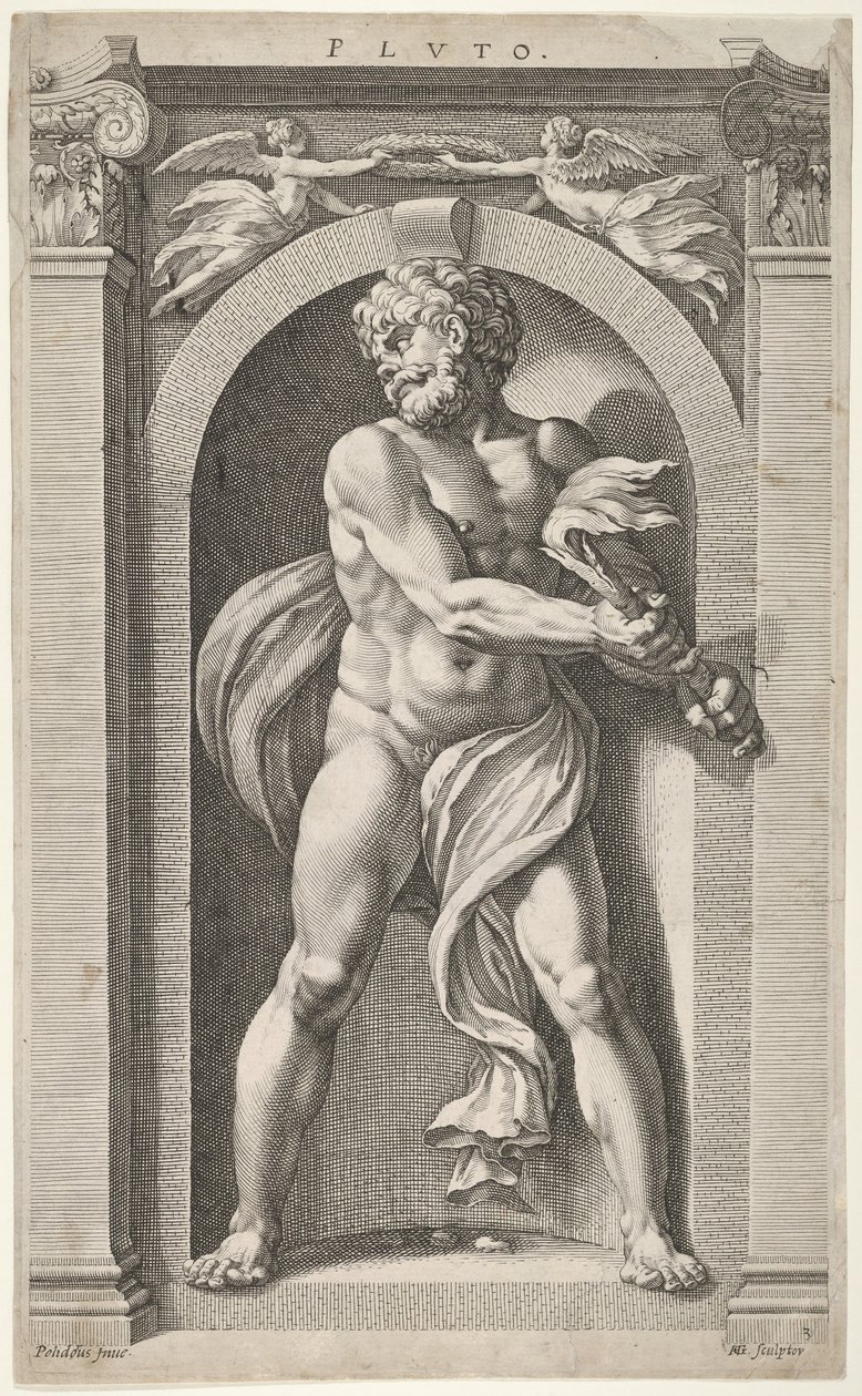 Pluto, na verso skicách postavy, čtyř hlav a sloupu, 1592. od Hendrik Goltzius