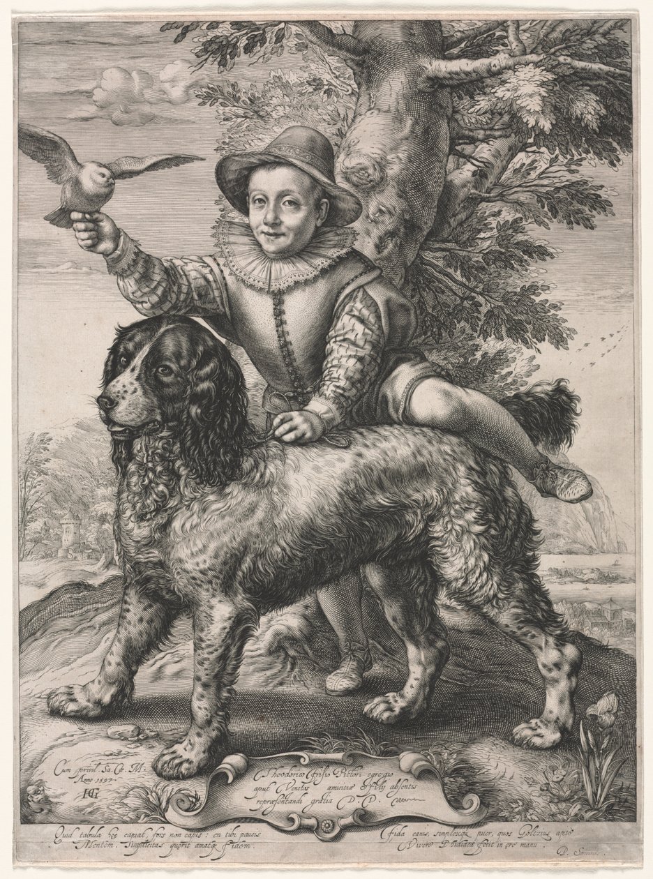 Portrét Fredericka de Vries a jeho psa, 1597. od Hendrik Goltzius