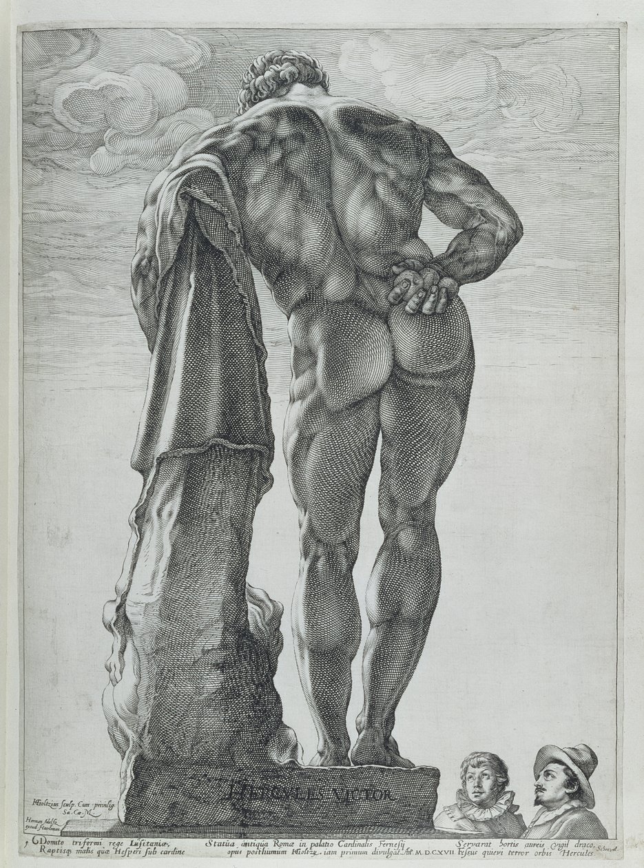 Pohled zezadu na Farnese Hercules (mědirytina) od Hendrik Goltzius