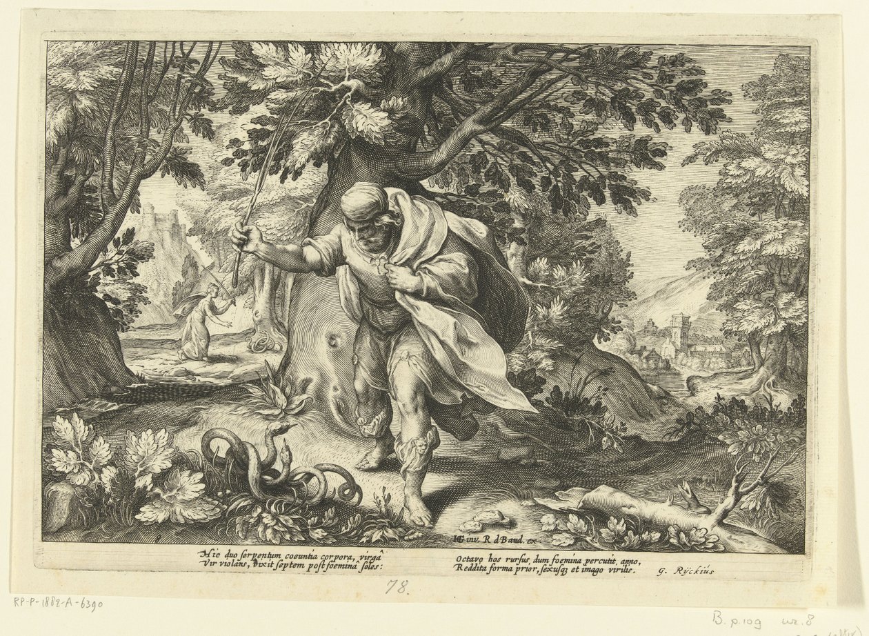 Teiresias porazí dva pářící se hady z Ovidiových Metamorfóz od Hendrik Goltzius