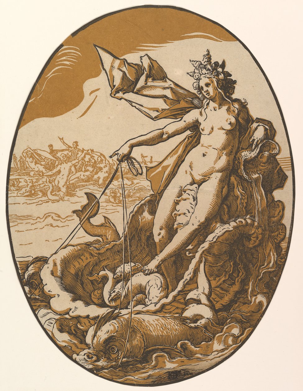 Tethys ležící v obřím skořápkovém voze taženém dvěma mořskými tvory, 1588-90. od Hendrik Goltzius