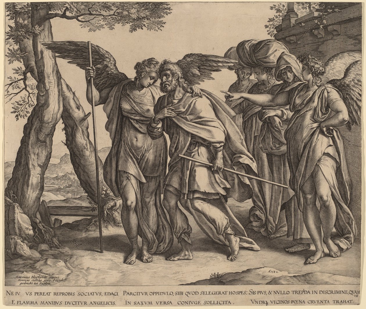 Lot a jeho dcery opouštějící Sodomu od Hendrik Goltzius after Anthonie van Blocklandt