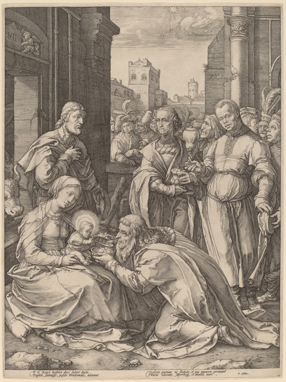 Klanění tří králů od Hendrik Goltzius in the style of Lucas van Leyden
