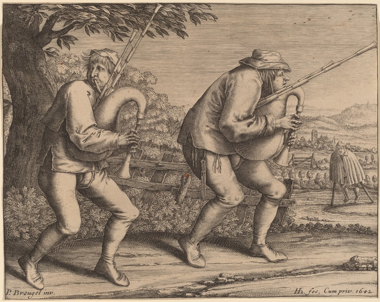 Dva hráči na dudy od Hendrik Hondius I after Pieter Bruegel the Elder