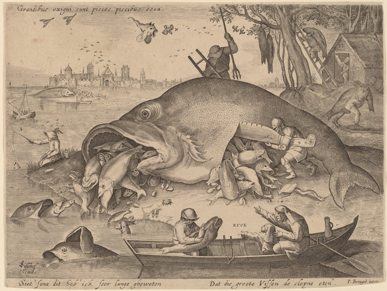 Velké ryby jedí malé ryby od Hendrik Hondius after Pieter Bruegel the Elder