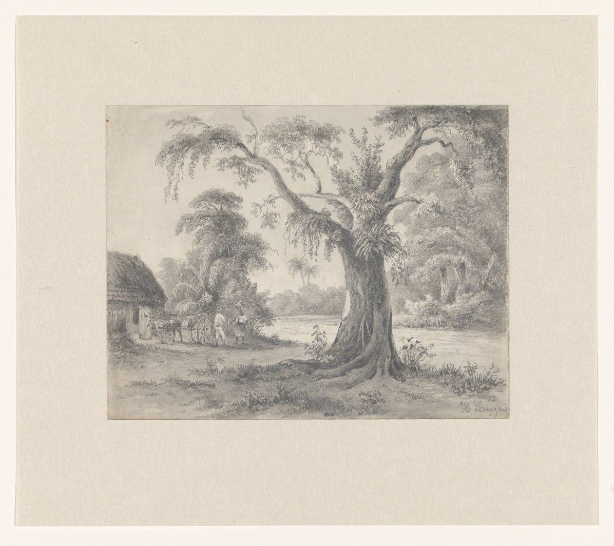 Krajina se stromem a chýší s koněm a kočárem a dvěma postavami od Hendrik Huygens (signed by artist)