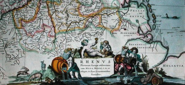 Kartuše mapy toku Rýna z knihy "Le Nouveau Theatre du Monde", Amsterdam 1639 (barevná rytina) od Hendrik I Hondius