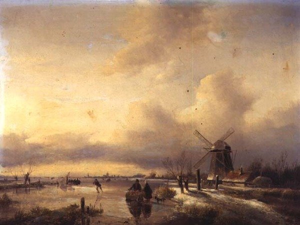 Postavy v krajině zamrzlé řeky (panel) od Hendrik Jacobus Scholten
