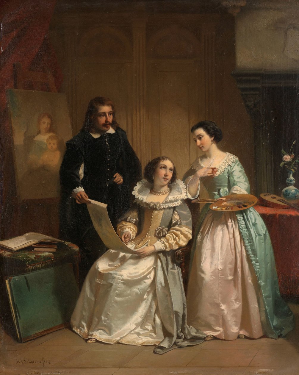 Gerard van Honthorst ukazuje kresby svého žáka Louise of Bohemia Amalii van Solmsové od Hendrik Jacobus Scholten