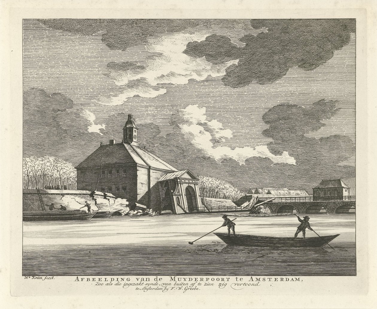Prohnutý Muiderpoort, při pohledu ze Singelgracht, 1769 Obrázek Muyderpoortu v Amsterdamu, Zoo jako zhrouceného syndu, lze vidět zvenčí, klikatě (název na objektu) od Hendrik Keun