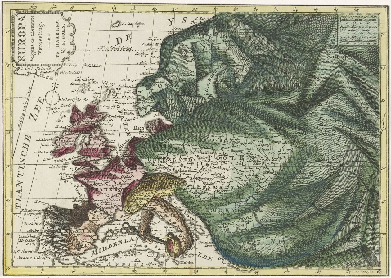 Mapa Evropy, barevná jako královna Evropa podle posledního rozdělení (název na objektu) od Hendrik Kloekhoff