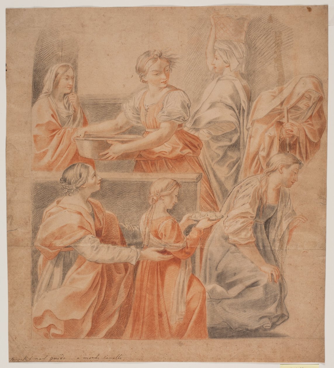 Studie efter Guido Renis freske v kapli Zvěstování, Palazzo Quirinale, Řím (Marias fødsel, venstre strana) od Hendrik Krock