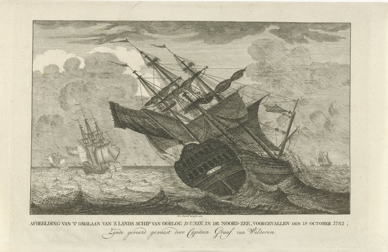 Potopení lodi Union, 1782 Zobrazení převrácení válečné lodi země v Severním moři, nastalo 19. října 1782; Byl krmen Capiteinem Graafem van Welderenem (název na objektu) od Hendrik R. van Rossen