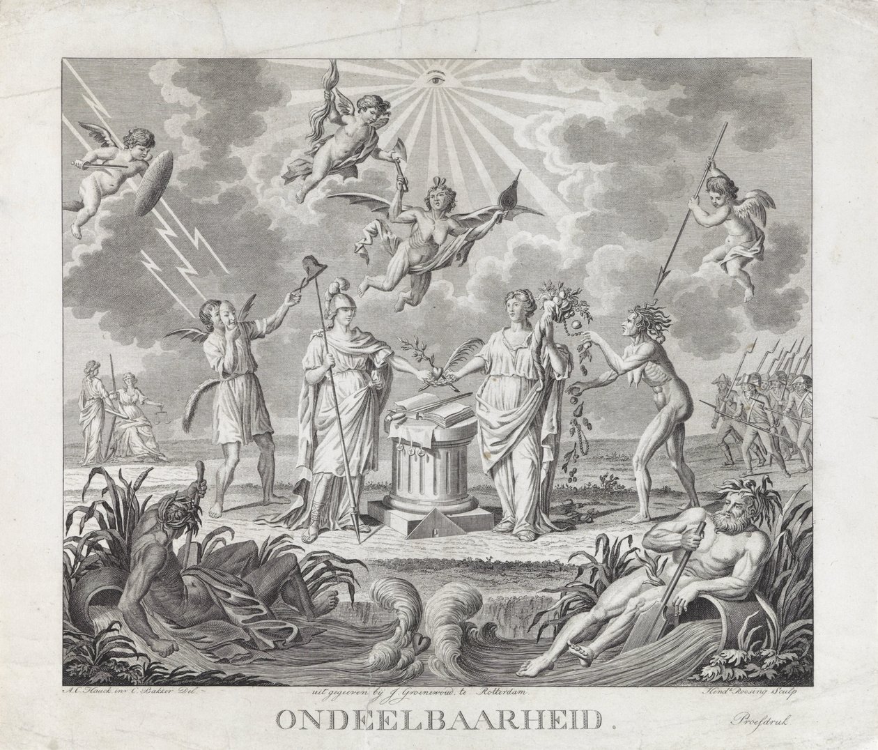 Alegorie nedělitelnosti, 1795 Nedělitelnost (název na předmětu) Čtyři alegorie revoluce v roce 1795 (název série) od Hendrik Roosing