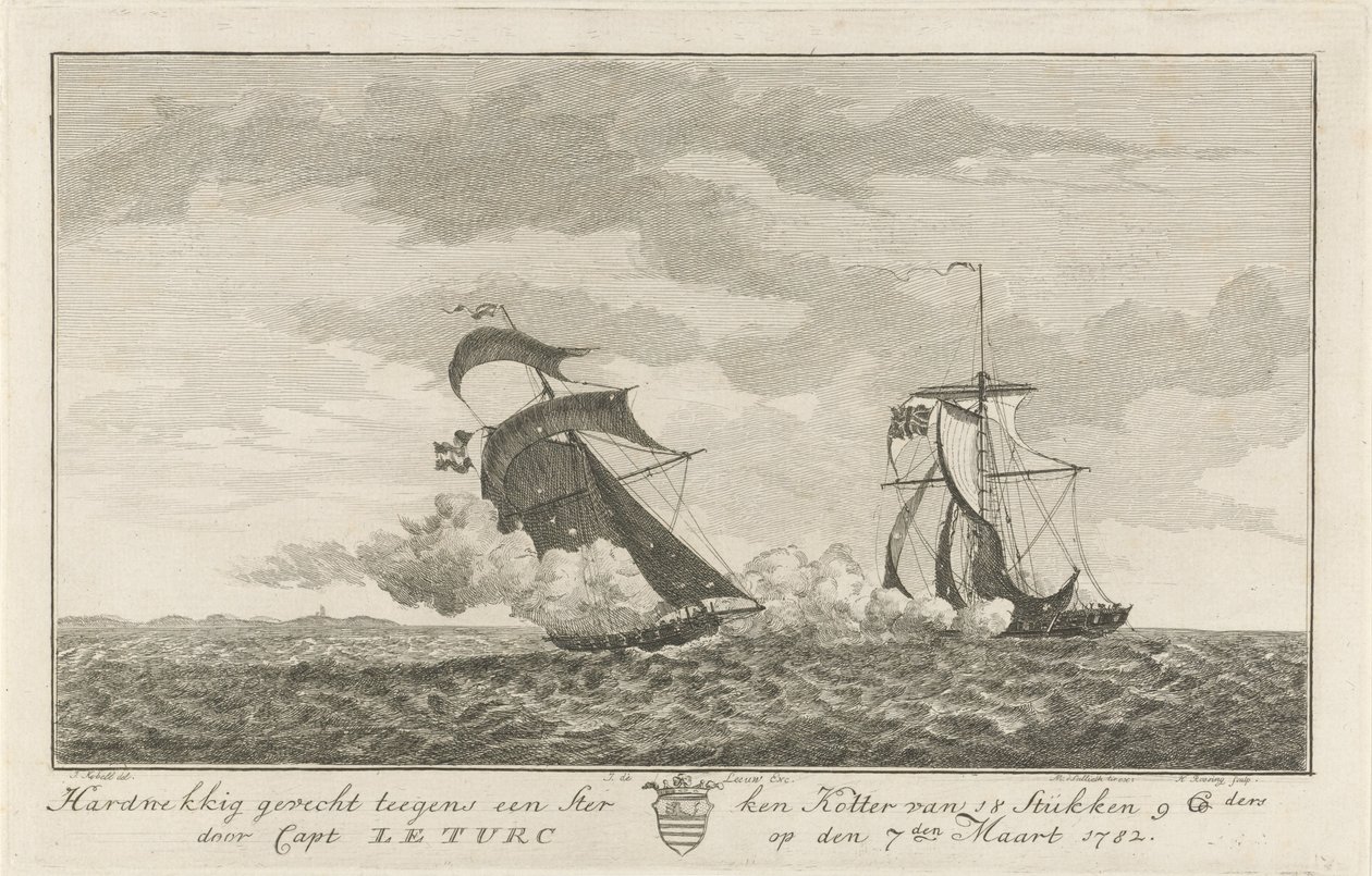 Bitva proti silnému řezači, 1782 Zuřivý boj proti silnému kotterovi 18 kusů (...) od kapitána: Le Turc dne 7. března 1782 (název na objektu) od Hendrik Roosing