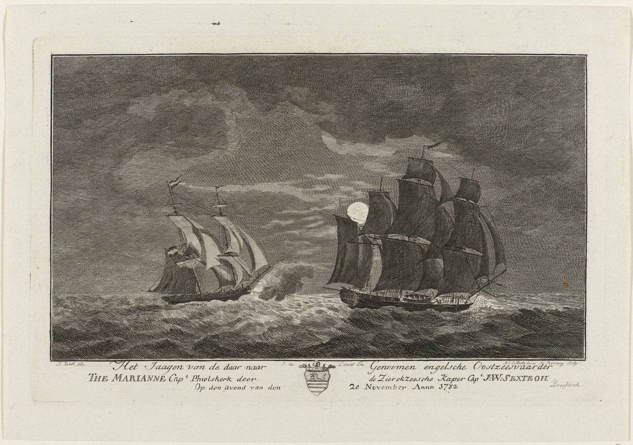Sextroh loví na Marianne, 1782 Lov anglického baltského mořeplavce Tam do genomů Kpt. Marianne. Philskerk od Zierikzeesche Kaper Capt. J:W:Sextroh Večer 20. listopadu Anno 1782 (název na objektu) od Hendrik Roosing