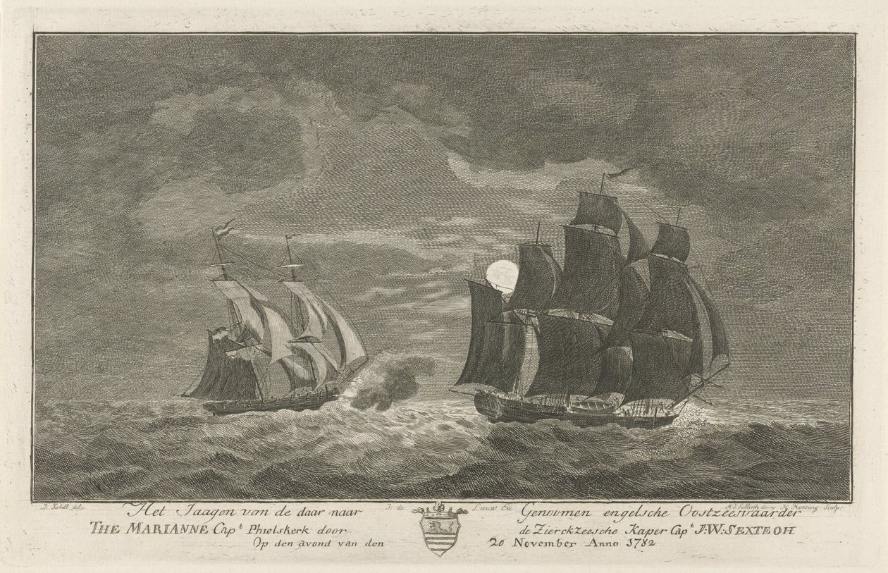 Sextroh loví na Marianne, 1782 Lov anglického baltského mořeplavce Tam do genomů Kapitánka Marianne. Philskerk od Zierikzeesche Kaper Capt. J:W:Sextroh Večer 20. listopadu Anno 1782 (název na objektu) od Hendrik Roosing