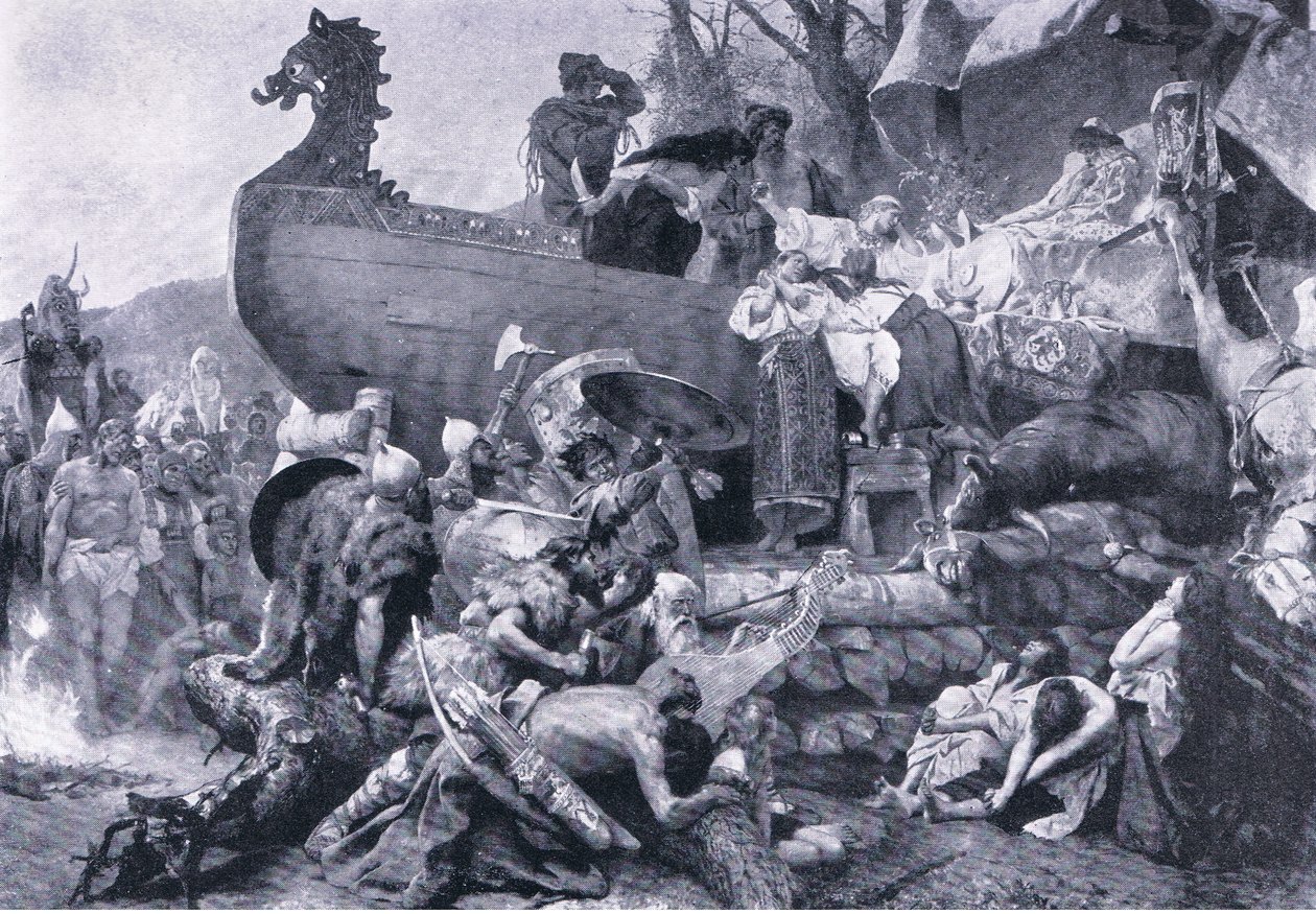 Kremace náčelníka ve východním Rusku - desáté století, ilustrace z Landmarks in European History vydané nakladatelstvím Gresham Publishing Co, kolem roku 1920 (litho) od Henryk Siemiradzki