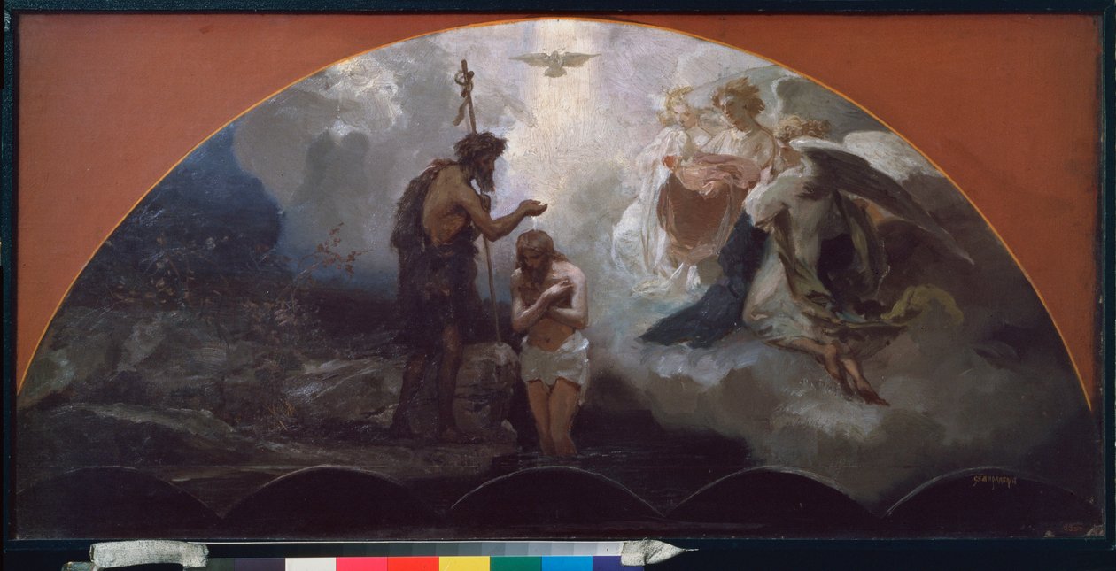 Křest Kristův. (od svatého Jana Křtitele, pod pohledem nebeských andělů a holubice Ducha Svatého (Duch Svatý). Dílo Henryka Siemiradzkiho (1843-1902), olej na kartonu od Henryk Siemiradzki