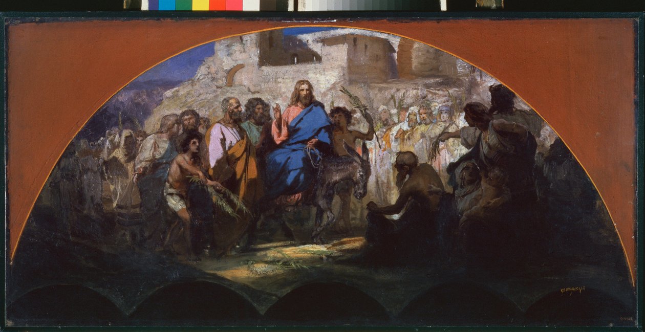 Vjezd Krista do Jeruzaléma. (jezdí na oslu, obklopený davem mávajícím a kladoucím větve na cestu). Dílo Henryka Siemiradzkiho (1843-1902), olej na kartonu od Henryk Siemiradzki
