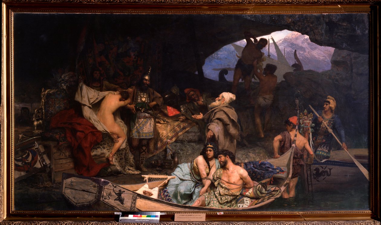 Korzáři. (Scéna, kde přinášejí zpět svou kořist a své vězně (rukojmí) v jeskyni). Obraz Henryka Siemiradzkiho (1843-1902), olej na plátně od Henryk Siemiradzki