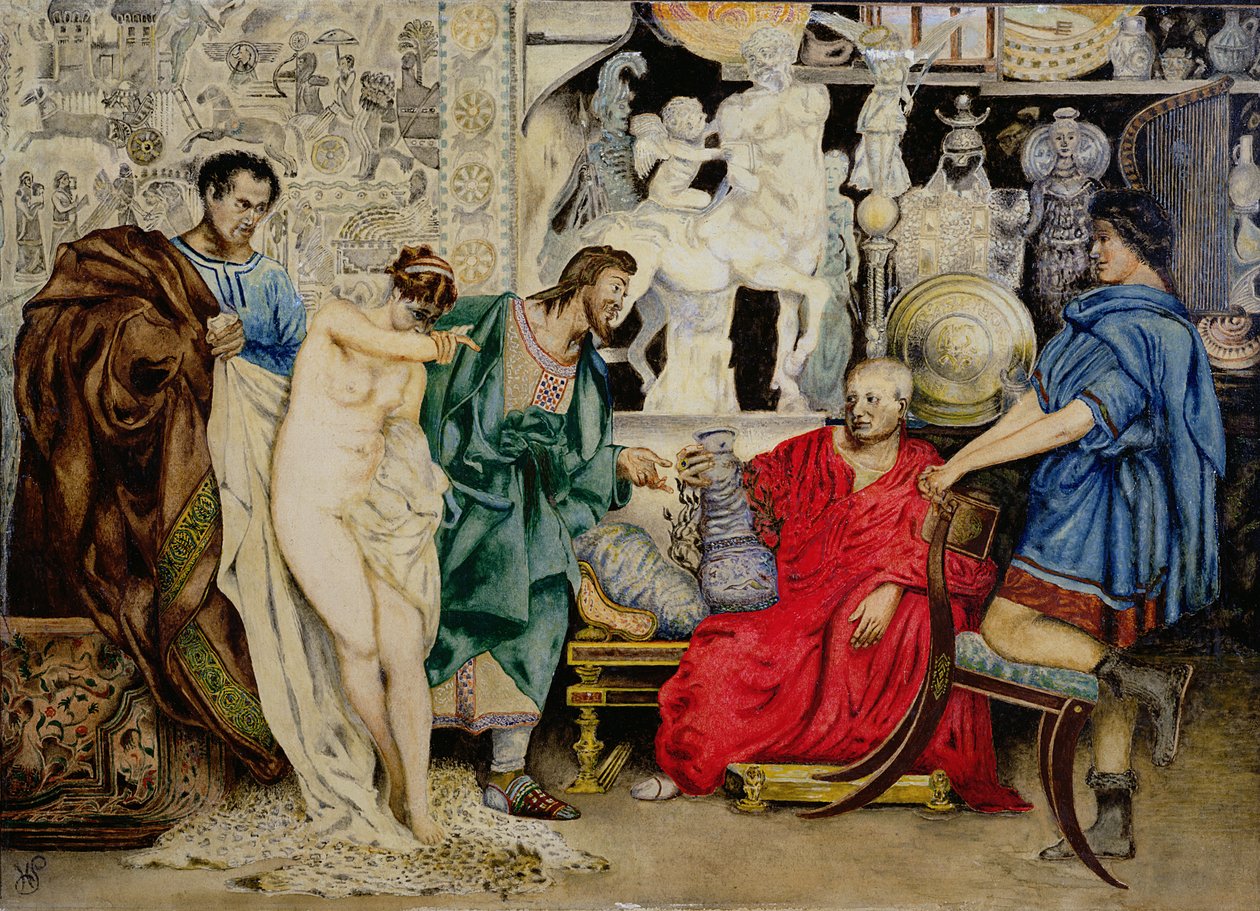„Volba mezi otrokyní nebo vázou“, ilustrace z „La Femme Esclave;, vydané ve Vídni, 1878 od Henryk Siemiradzki