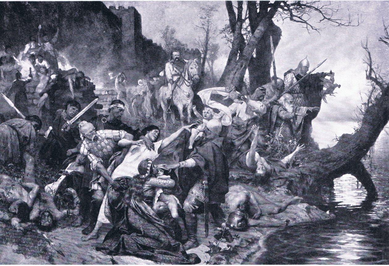 Warriors of Sviatoslav at masakru pod hradbami Dexter (Durostorum), ilustrace z Landmarks in European History vydané Gresham Publishing Co, kolem 1920 (litho) od Henryk Siemiradzki