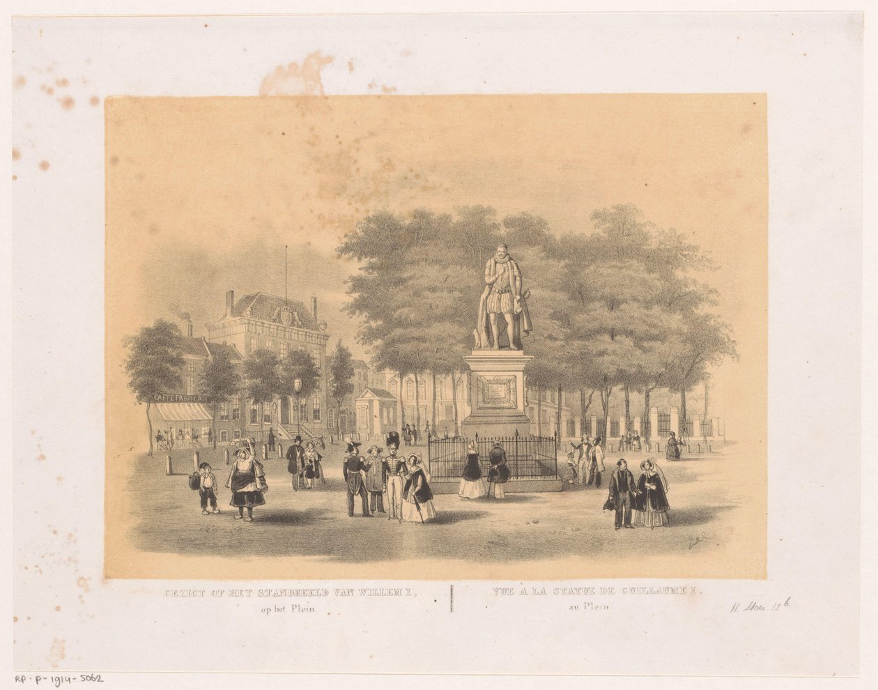 Pohled na Plein v Haagu se sochou Willema I Pohled na sochu Viléma I. na náměstí (titul na objektu) od Hendrik Wilhelmus Last (attributed to)