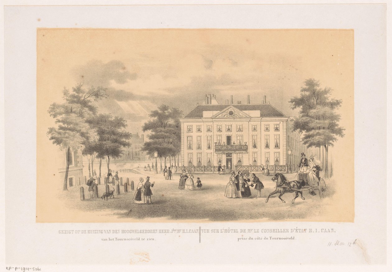 Pohled z Tournooiveld z Herenlogement van Dordrecht v Haagu kolem roku 1850 Pohled na dům velmi dobře narozeného pana jhr. pana H. I. Caana, je vidět z Tournooiveldu (název na objektu) od Hendrik Wilhelmus Last (attributed to)