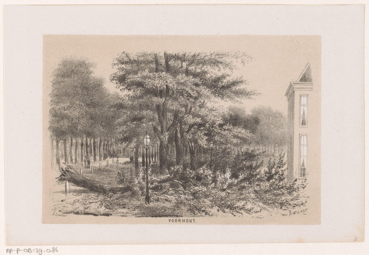 Strom spadl poblíž Voorhoutu po bouři 28. května 1860 Voorhout (název na objektu) Album deseti litografických skic, zobrazujících Tooneelena zkázy, rozrušeného bouří z 28. května 1860 v Gravenhaagsche Bosch v Schev od Hendrik Wilhelmus Last
