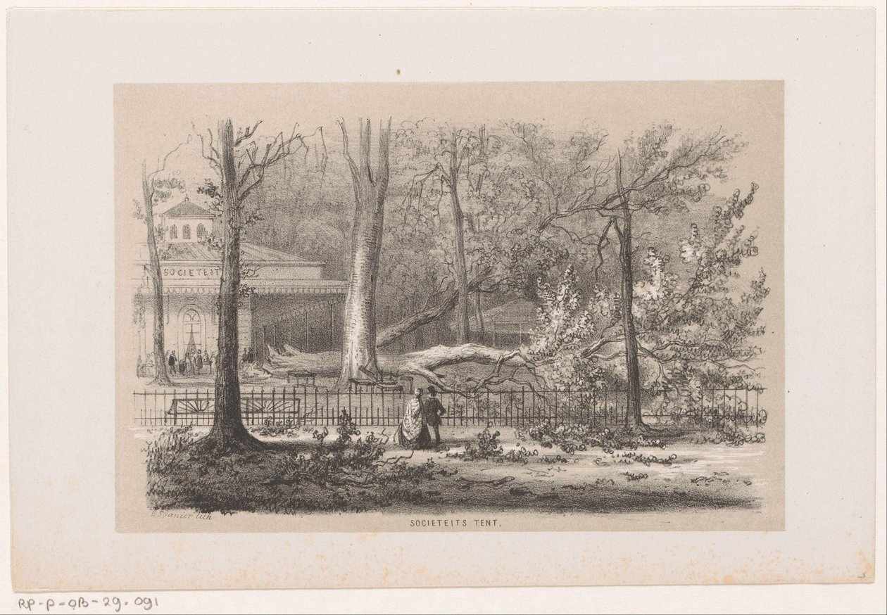 Strom spadl u klubu po bouři 28. května 1860 Společenský stan (název na objektu) Album deseti litografických skic, zobrazujících Tooneelena zkázy, rozrušeného bouří z 28. května 1860 v Gravenhaagsche Bosch od Hendrik Wilhelmus Last
