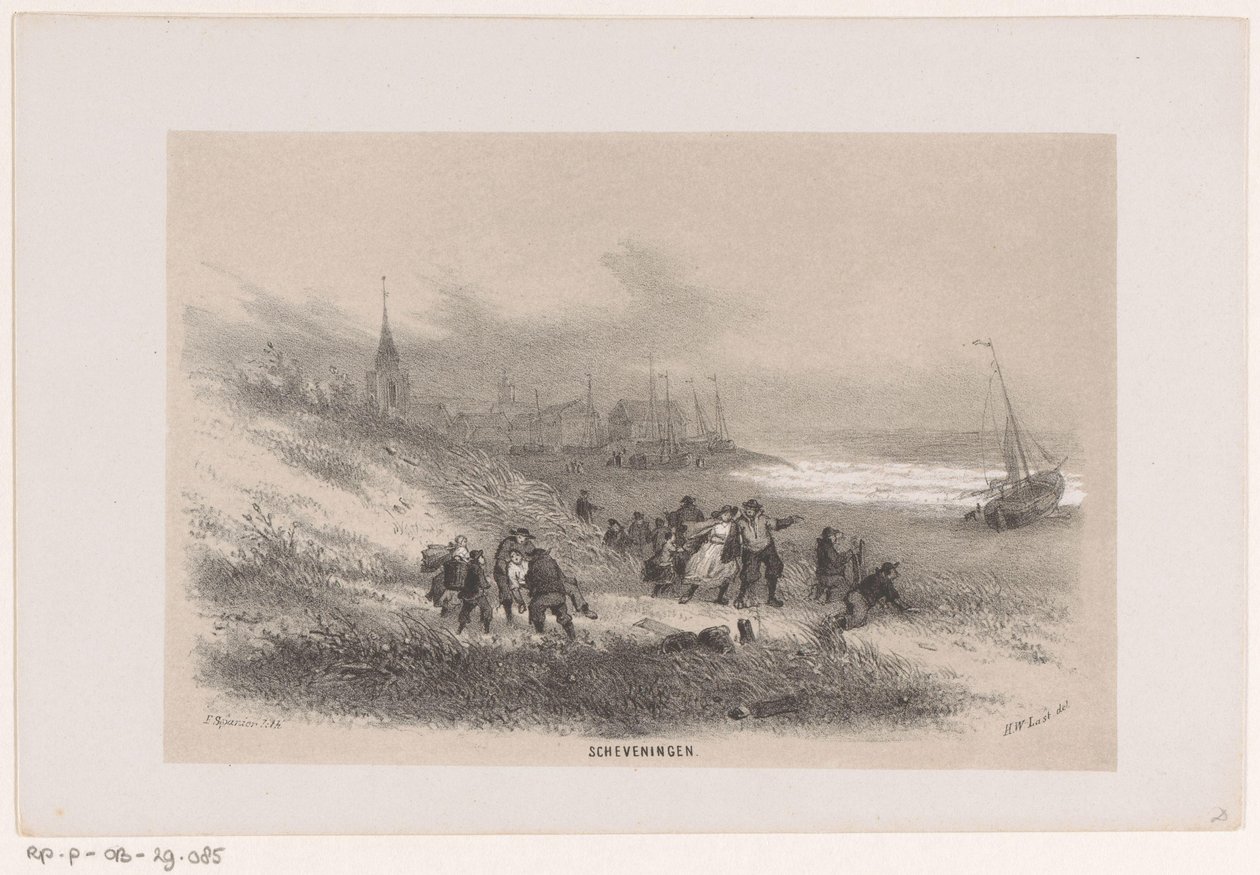 Scheveningen během bouře 28. května 1860 Scheveningen (název na objektu) Album deseti litografických skic, zobrazujících Tooneelena zkázy, rozrušeného bouří z 28. května 1860 v Gravenhaagsche Bosch v Scheveningenu, od Hendrik Wilhelmus Last