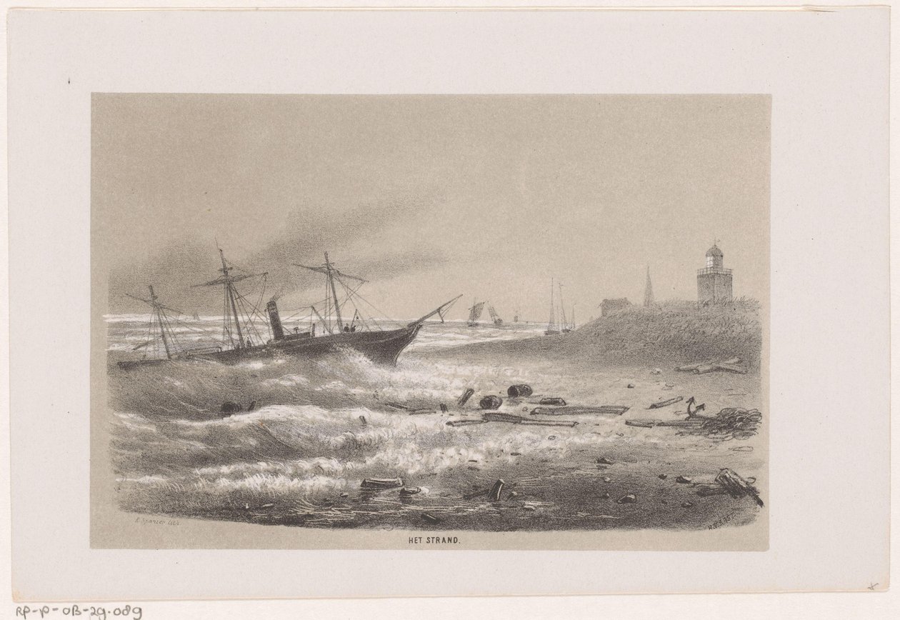 Loď v nesnázích na pláži během bouře 28. května 1860 Pláž (název na objektu) Album deseti litografických skic, zobrazujících Tooneelena zkázy, rozrušeného bouří z 28. května 1860 v 