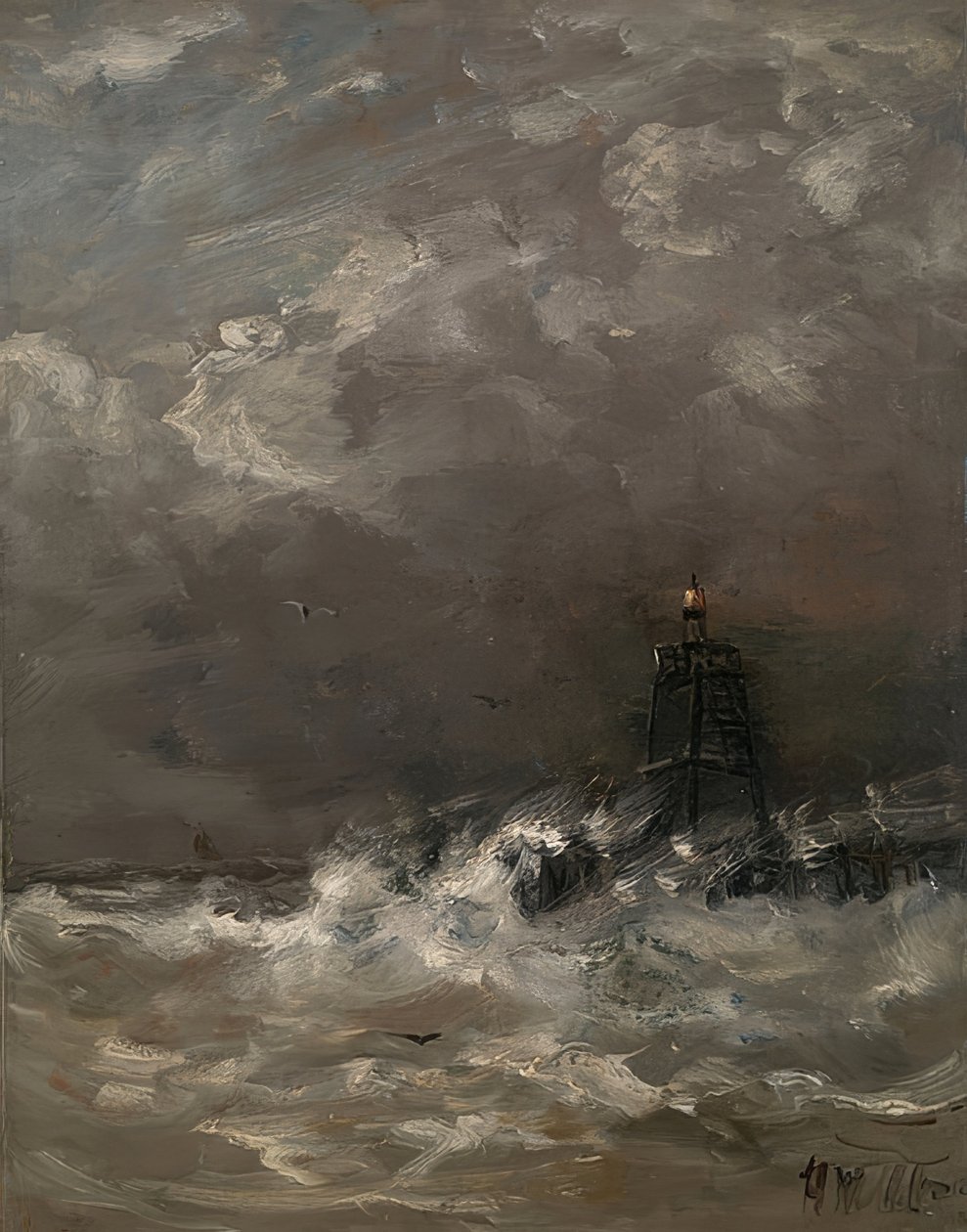 Maják v tříštících se vlnách. Kolem 1900-07 od Hendrik Willem Mesdag
