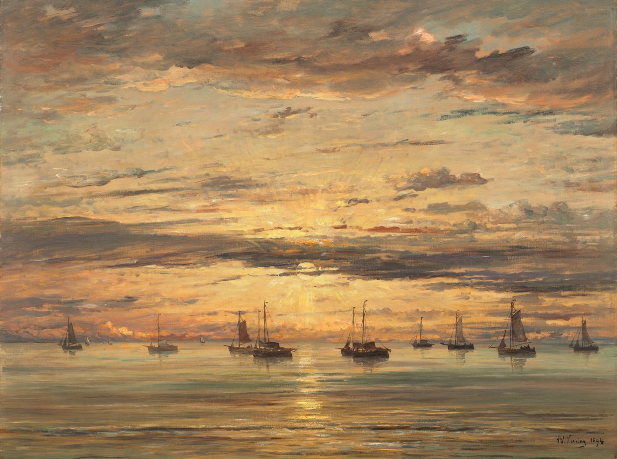 Západ slunce v Scheveningen: Flotila rybářských plavidel v Anchor od Hendrik Willem Mesdag
