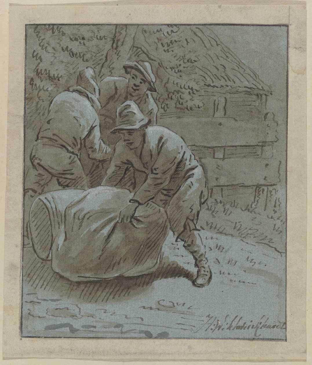 Tři muži v krajině s ležícím sudem a taškou od Hendrik Willem Schweickhardt (signed by artist)